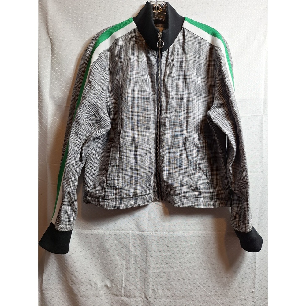 CURRENT ELLIOTT 100% Linen Dassen Plaid Bomber Sz L Black White Gren Stripe EUC!